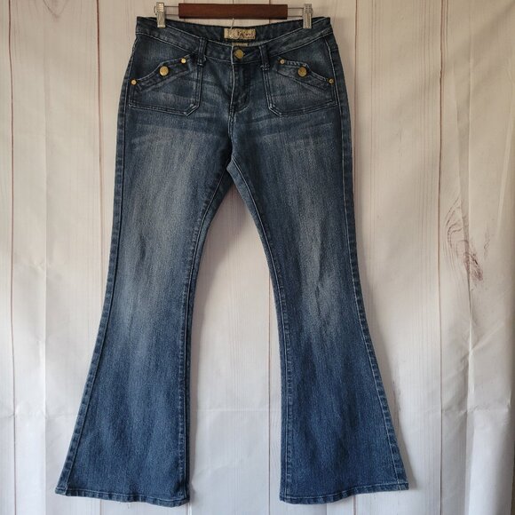 Y2K Hybrid & Company Cotton Denim Flare Jeans, Women’s Sz 11, Button Detail EUC - Picture 1 of 12